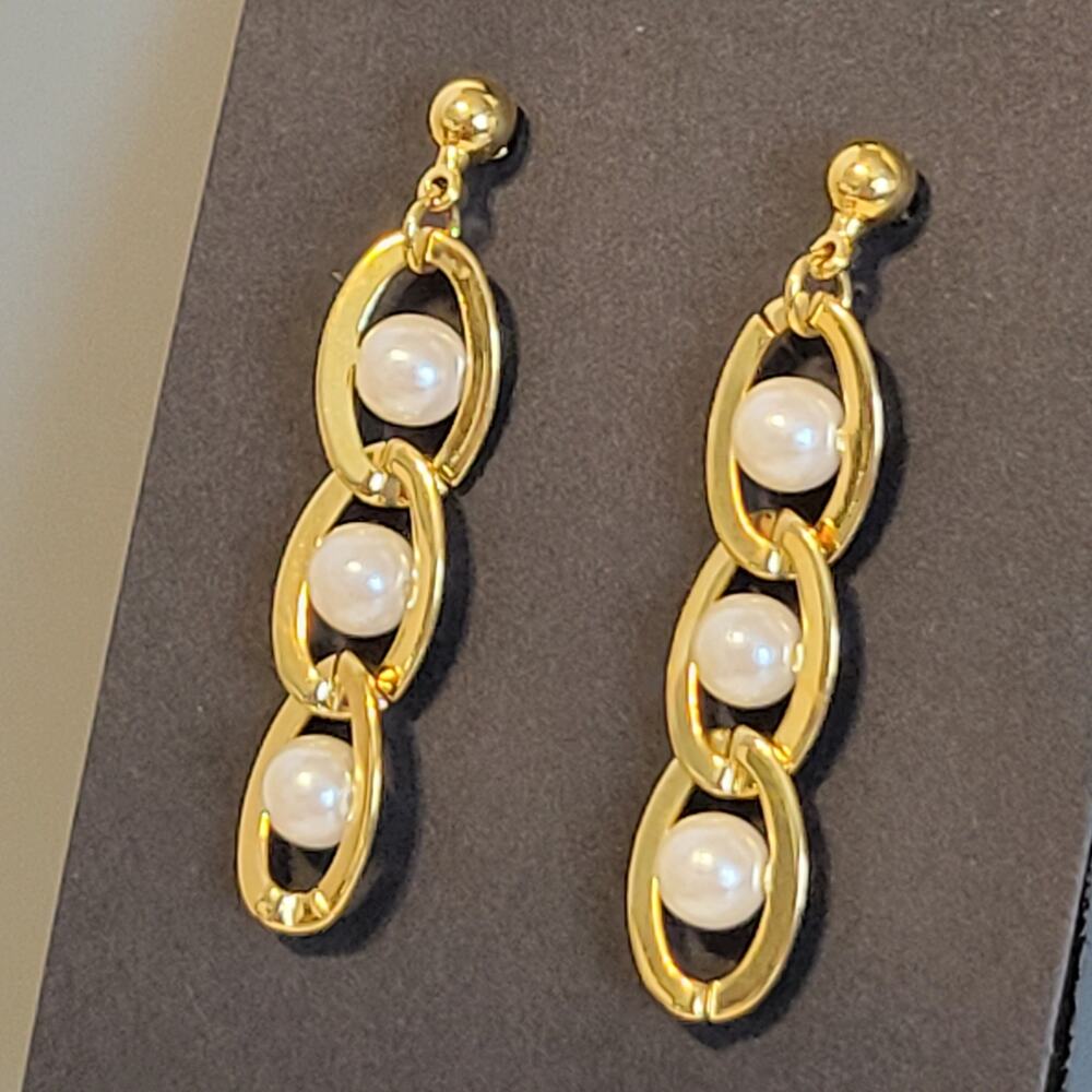 Avon Gold Tone Dangle Earrings Faux Pearls Triple Link Chain Stud Back Vintage